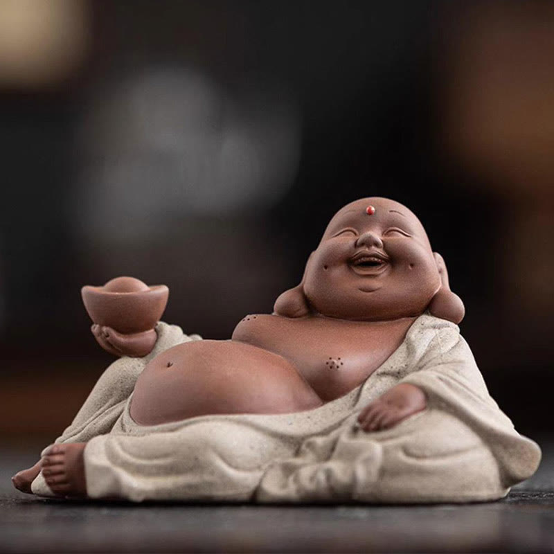 Statue de Bouddha rieur en argile violette 13,5 cm pour la richesse et la joie