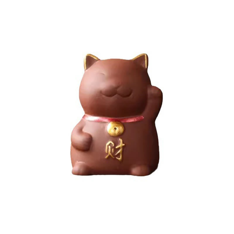 Figurine miniature de chat porte-bonheur en argile violette pour la prospérité