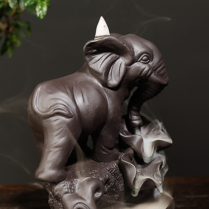 Brûleur d'encens à reflux en argile violette en forme d'éléphant tibétain pour la paix
