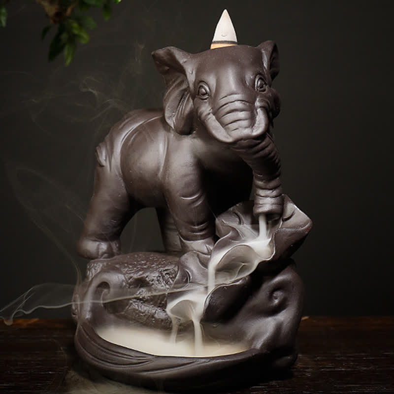 Brûleur d'encens à reflux en argile violette en forme d'éléphant tibétain pour la paix