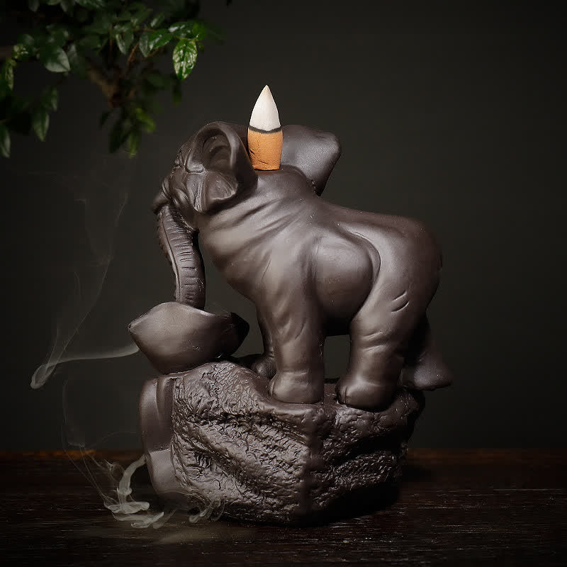 Brûleur d'encens à reflux en argile violette en forme d'éléphant tibétain pour la paix