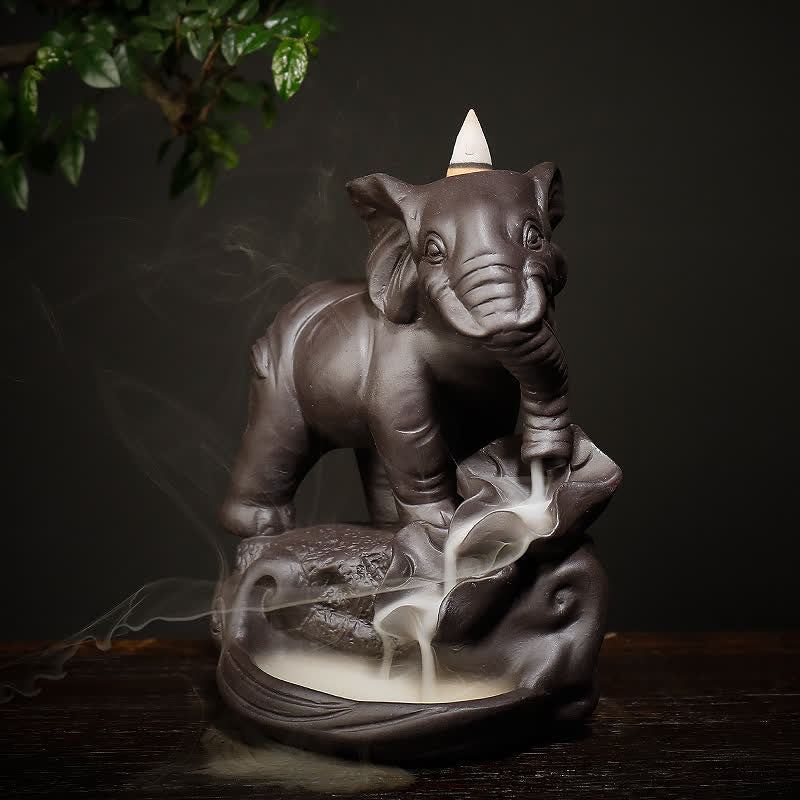Brûleur d'encens à reflux en argile violette en forme d'éléphant tibétain pour la paix