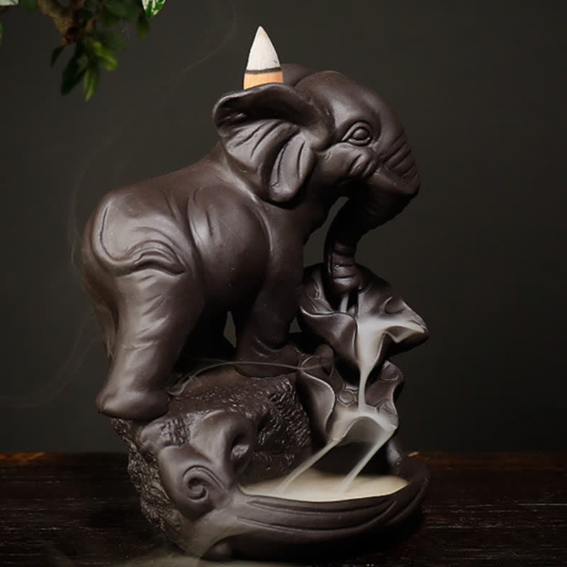 Brûleur d'encens à reflux en argile violette en forme d'éléphant tibétain pour la paix