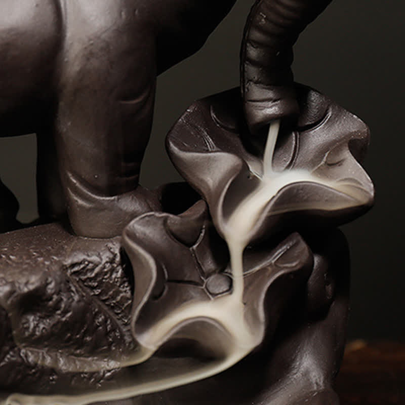 Brûleur d'encens à reflux en argile violette en forme d'éléphant tibétain pour la paix