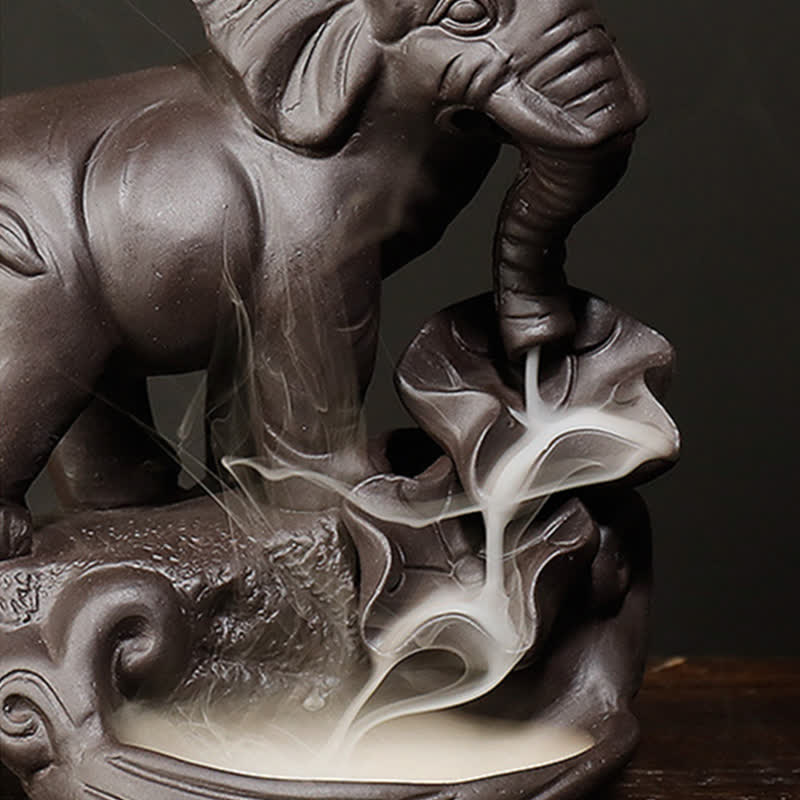 Brûleur d'encens à reflux en argile violette en forme d'éléphant tibétain pour la paix