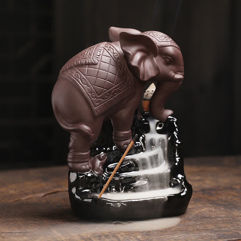 Brûleur d'encens à reflux en argile violette en forme d'éléphant tibétain pour la paix