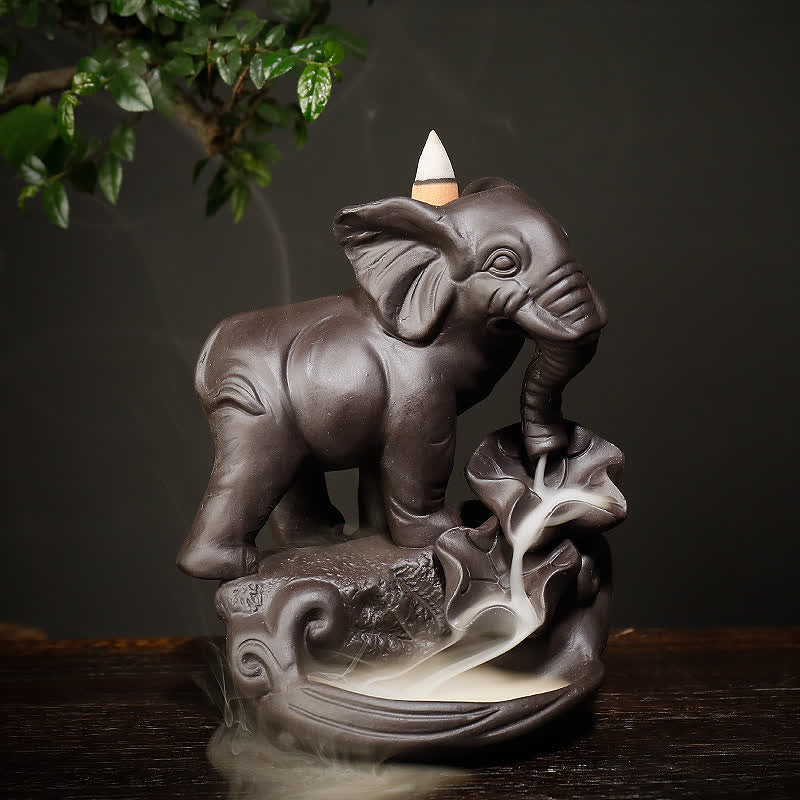 Brûleur d'encens à reflux en argile violette en forme d'éléphant tibétain pour la paix