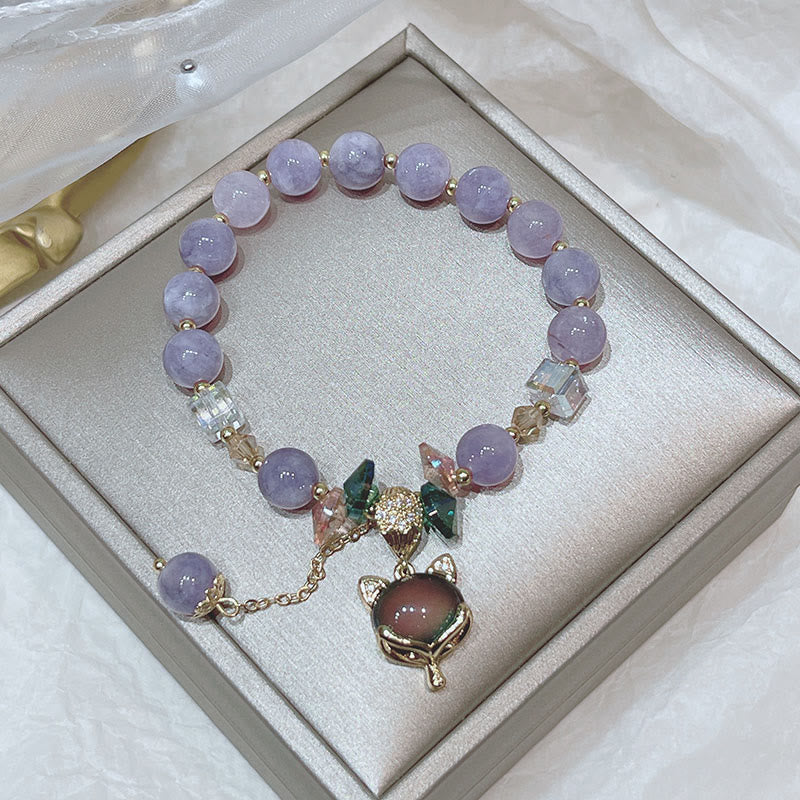 Bracelet du bonheur en jade violet avec breloque renard