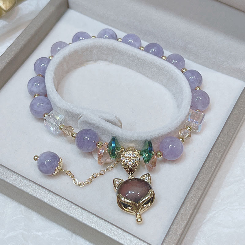 Bracelet du bonheur en jade violet avec breloque renard