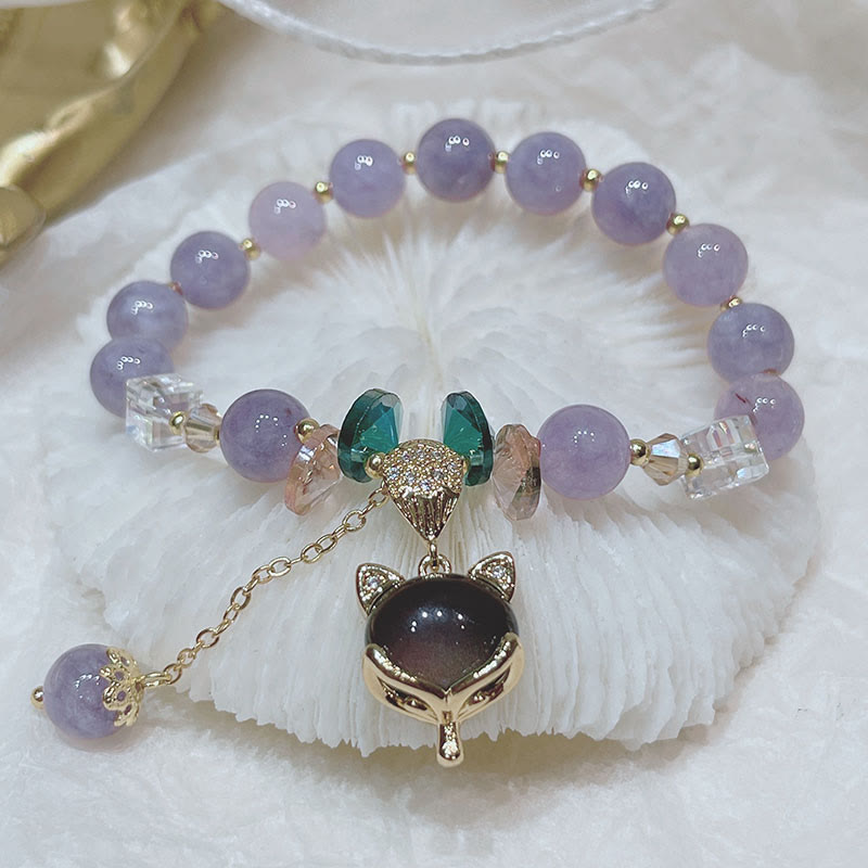Bracelet du bonheur en jade violet avec breloque renard