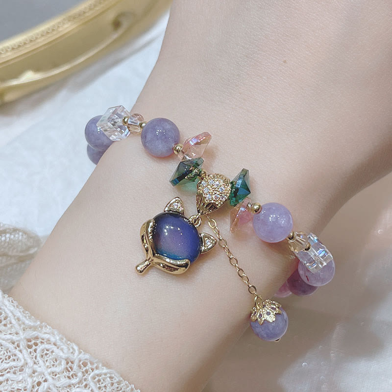Bracelet du bonheur en jade violet avec breloque renard
