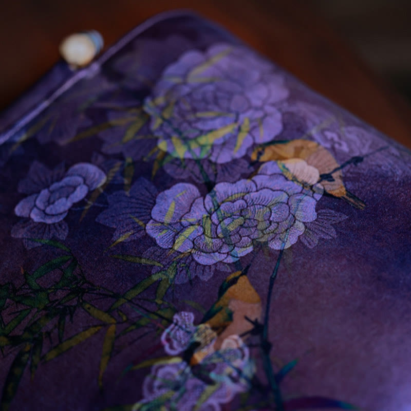 Sac à main avec poignée en bambou et oiseaux violets Magpie 23 cm