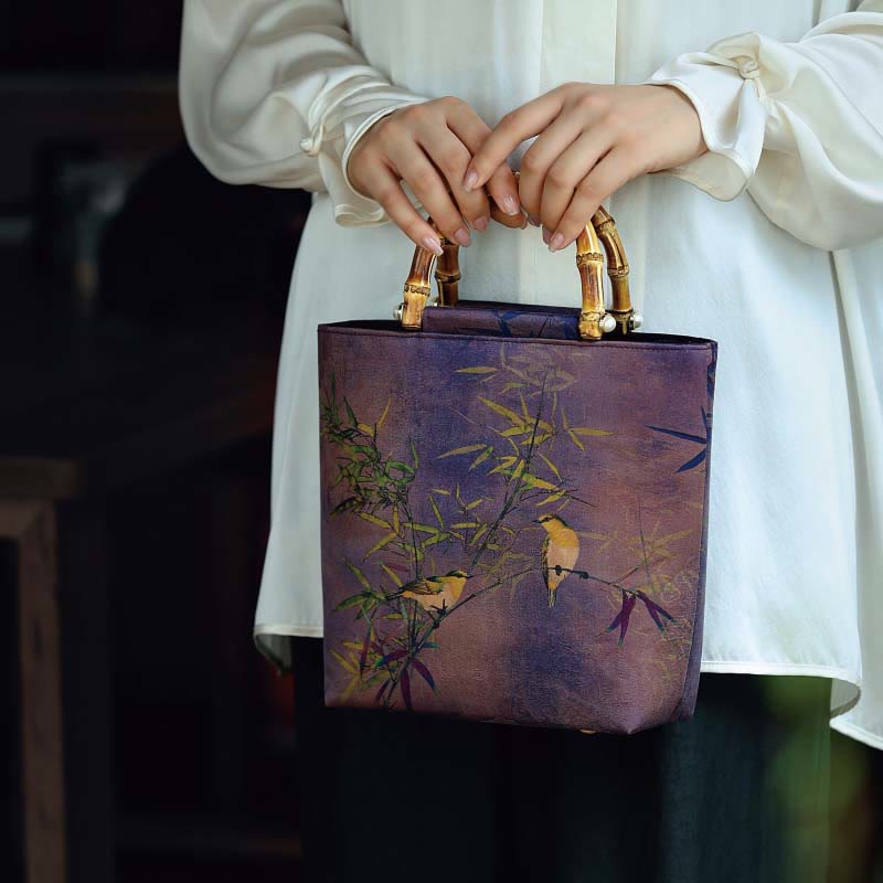 Sac à main avec poignée en bambou et oiseaux violets Magpie 23 cm