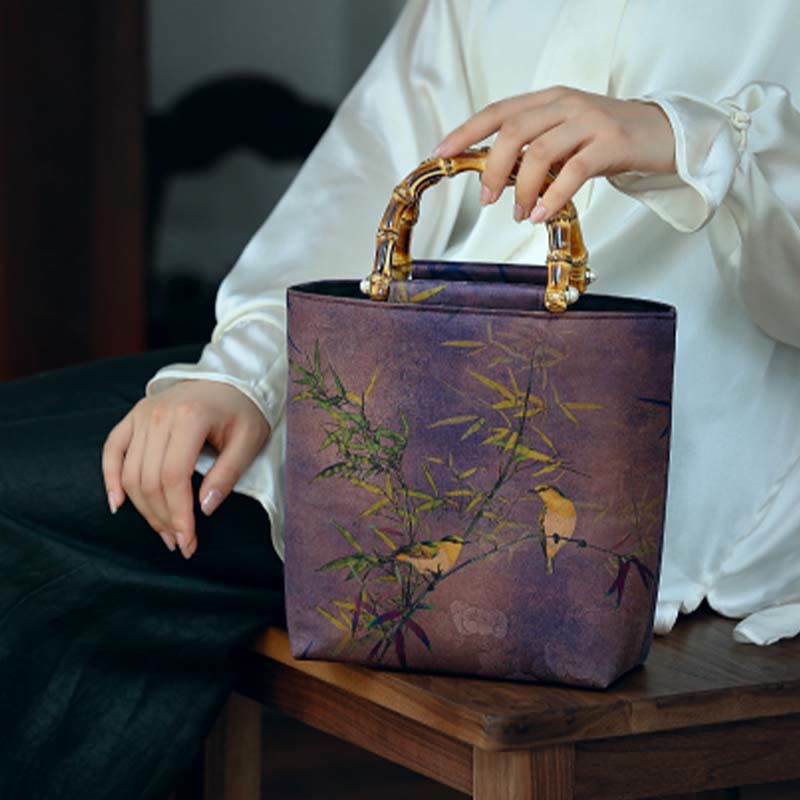 Sac à main avec poignée en bambou et oiseaux violets Magpie 23 cm