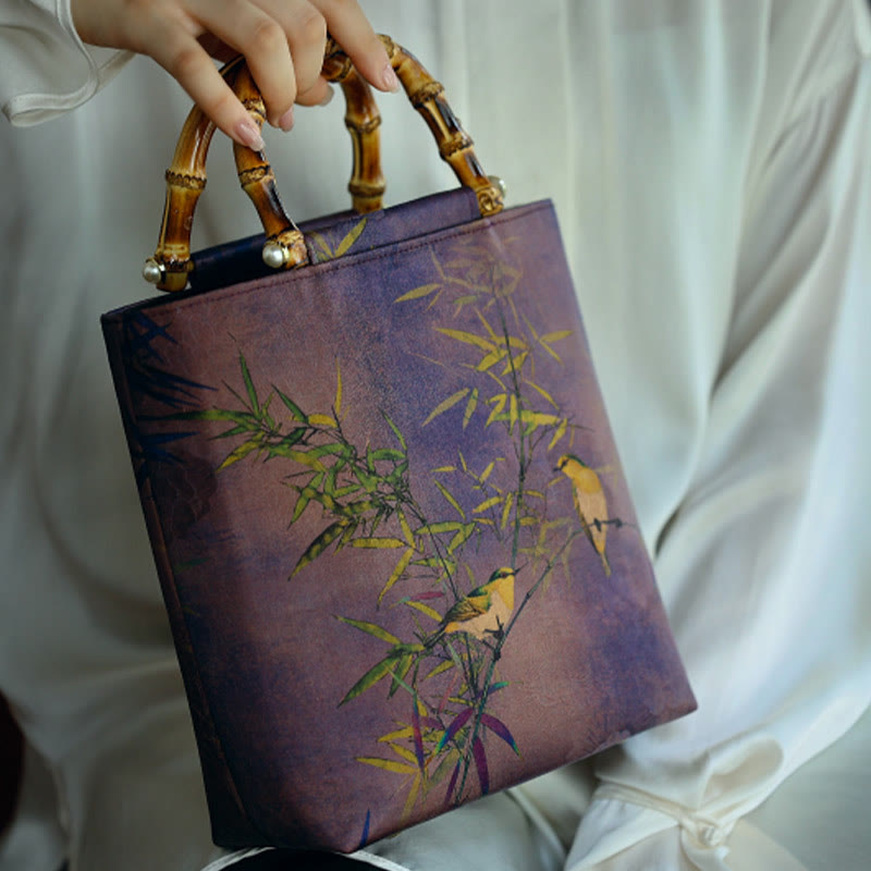 Sac à main avec poignée en bambou et oiseaux violets Magpie 23 cm