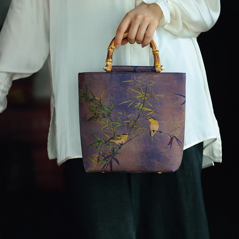 Sac à main avec poignée en bambou et oiseaux violets Magpie 23 cm
