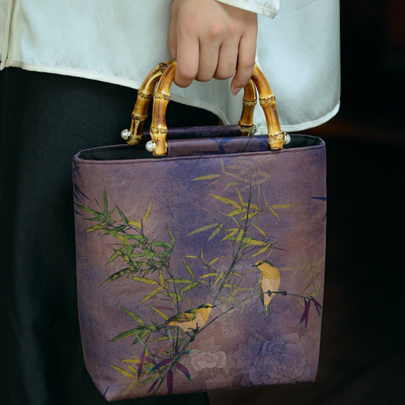 Sac à main avec poignée en bambou et oiseaux violets Magpie 23 cm