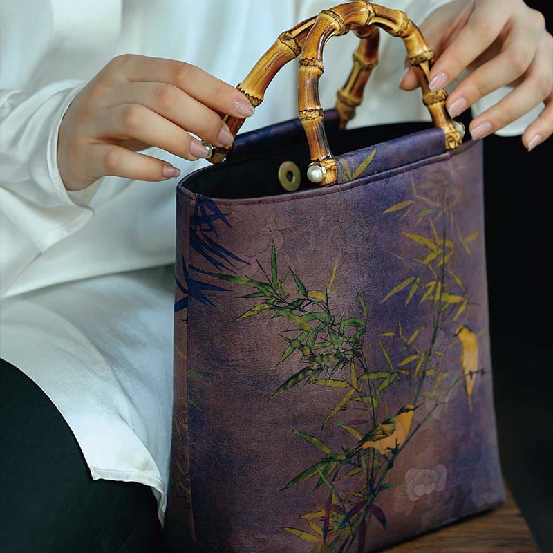 Sac à main avec poignée en bambou et oiseaux violets Magpie 23 cm