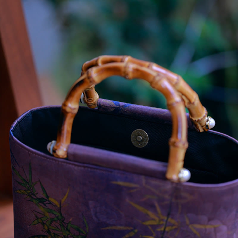 Sac à main avec poignée en bambou et oiseaux violets Magpie 23 cm