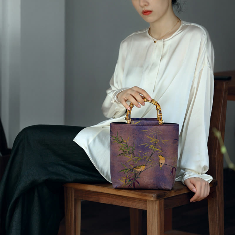 Sac à main avec poignée en bambou et oiseaux violets Magpie 23 cm