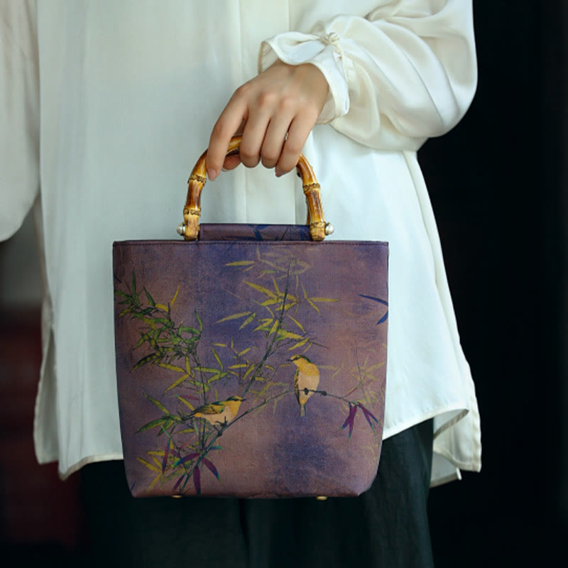 Sac à main avec poignée en bambou et oiseaux violets Magpie 23 cm