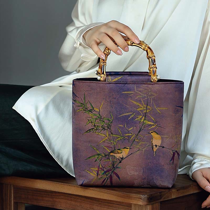Sac à main avec poignée en bambou et oiseaux violets Magpie 23 cm