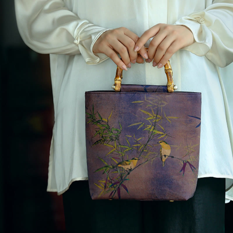 Sac à main avec poignée en bambou et oiseaux violets Magpie 23 cm