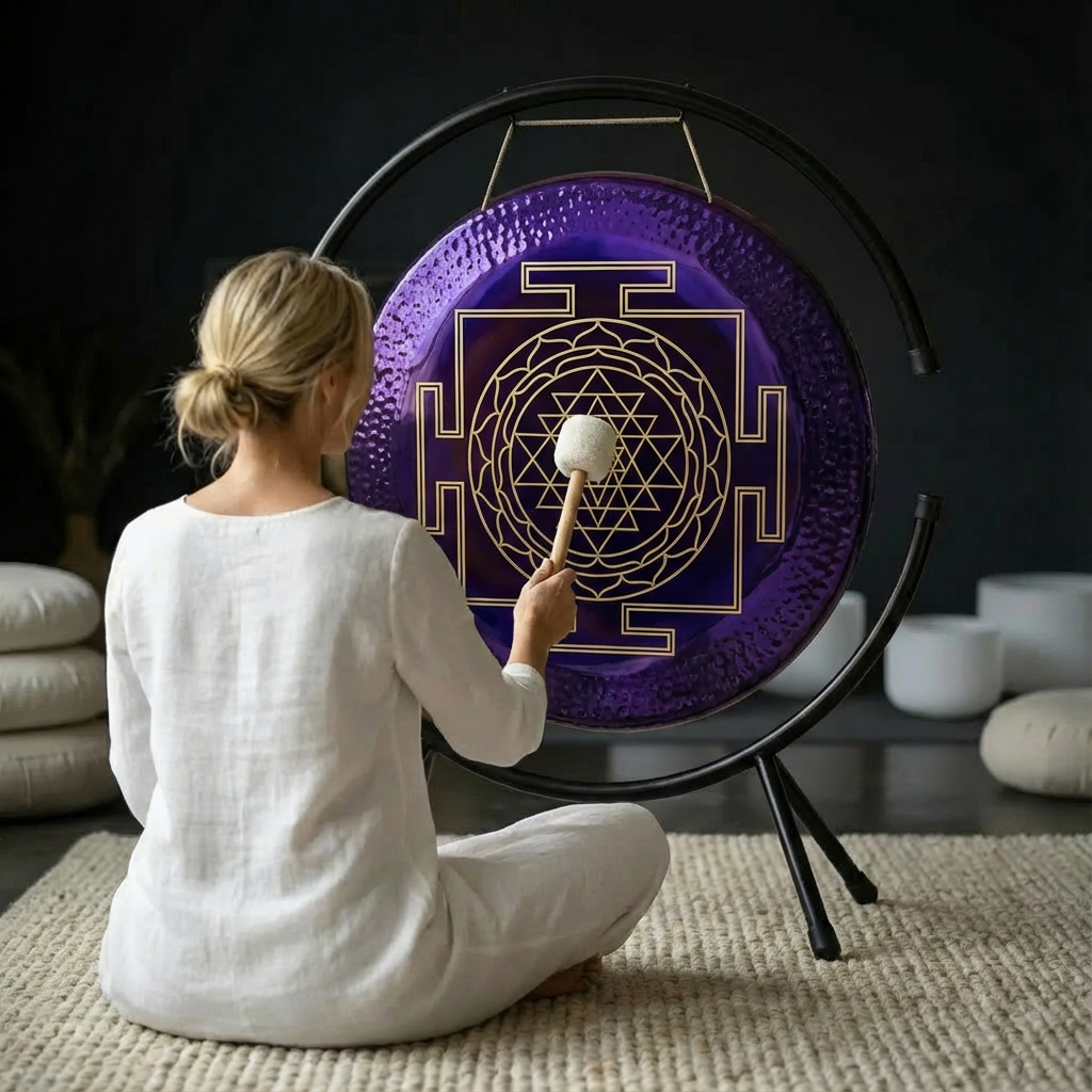 Gong violet à géométrie sacrée pour bain sonore