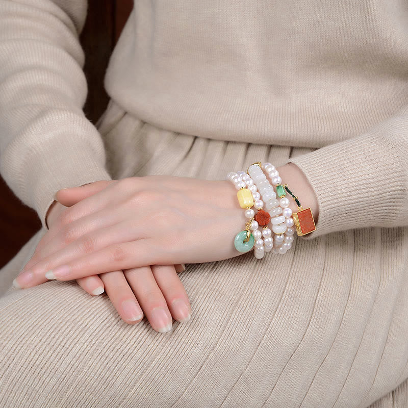 Bracelet en jade quadruple tour avec perle, agate rouge et ambre pour la chance