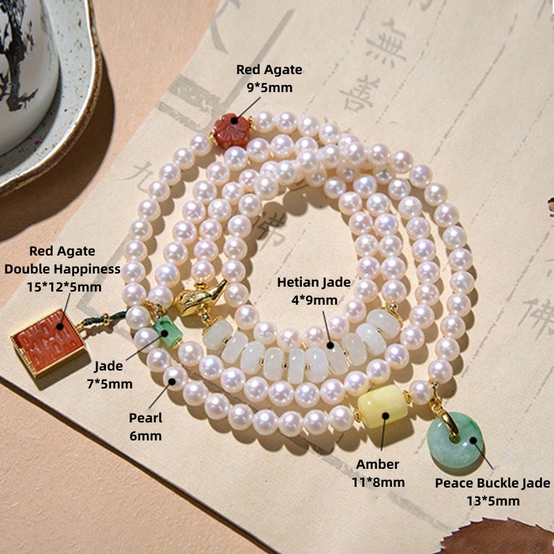 Bracelet en jade quadruple tour avec perle, agate rouge et ambre pour la chance