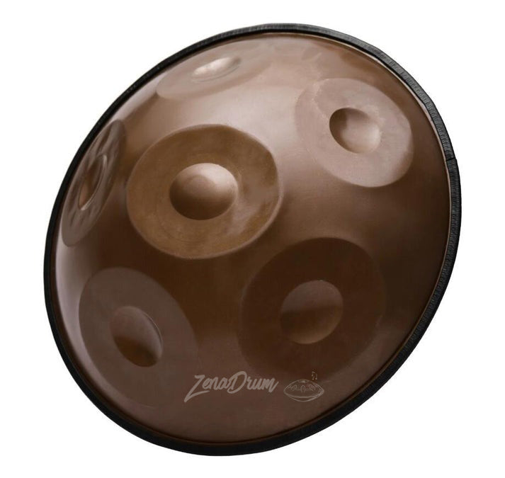 Brown handpan drum with dimpled tone fields, perfect for beginners and musical exploration