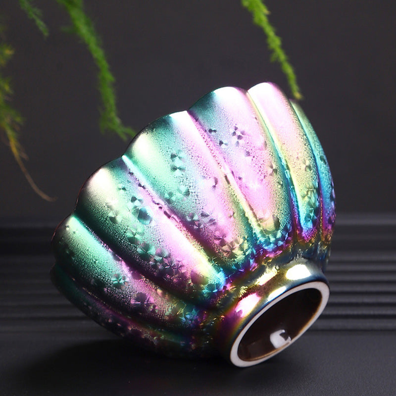 Tasse à thé en céramique Jianzhan aux couleurs arc-en-ciel et au décor zen