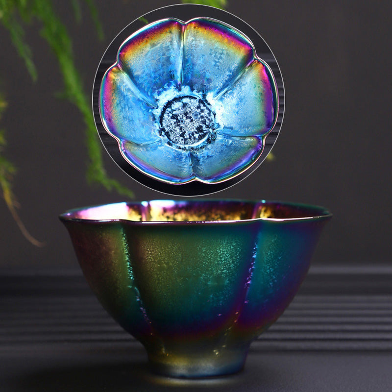 Tasse à thé en céramique Jianzhan aux couleurs arc-en-ciel et au décor zen