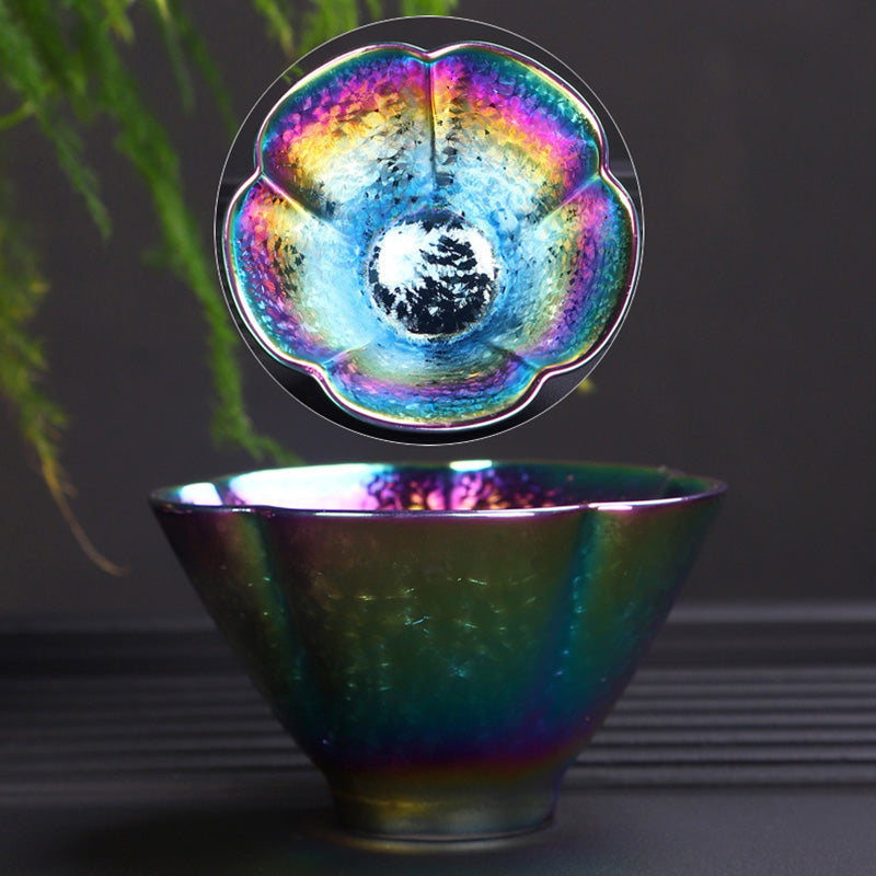 Tasse à thé en céramique Jianzhan aux couleurs arc-en-ciel et au décor zen