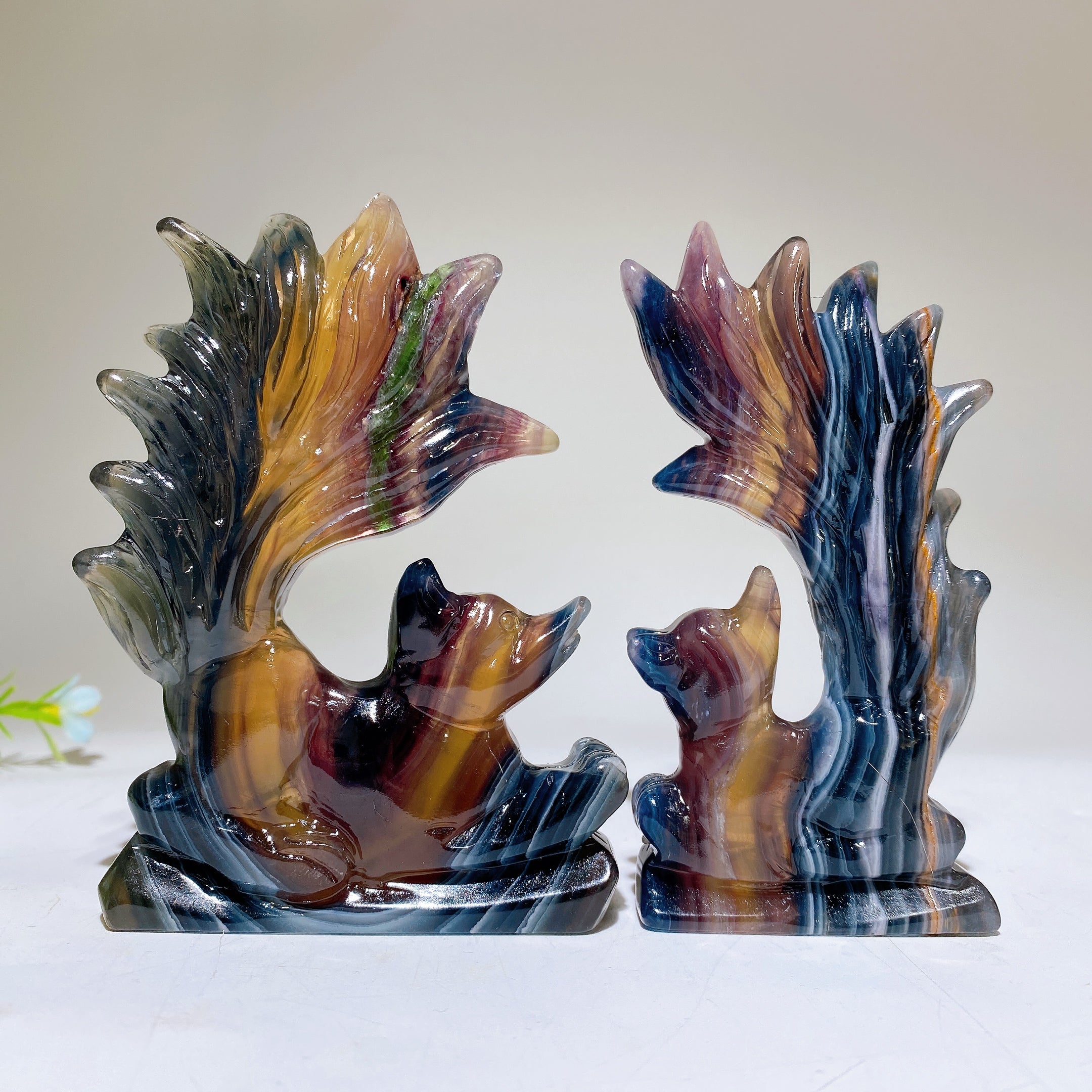 Rainbow Fluorite Crystal Fox Carving 3.2x4.5 Inch