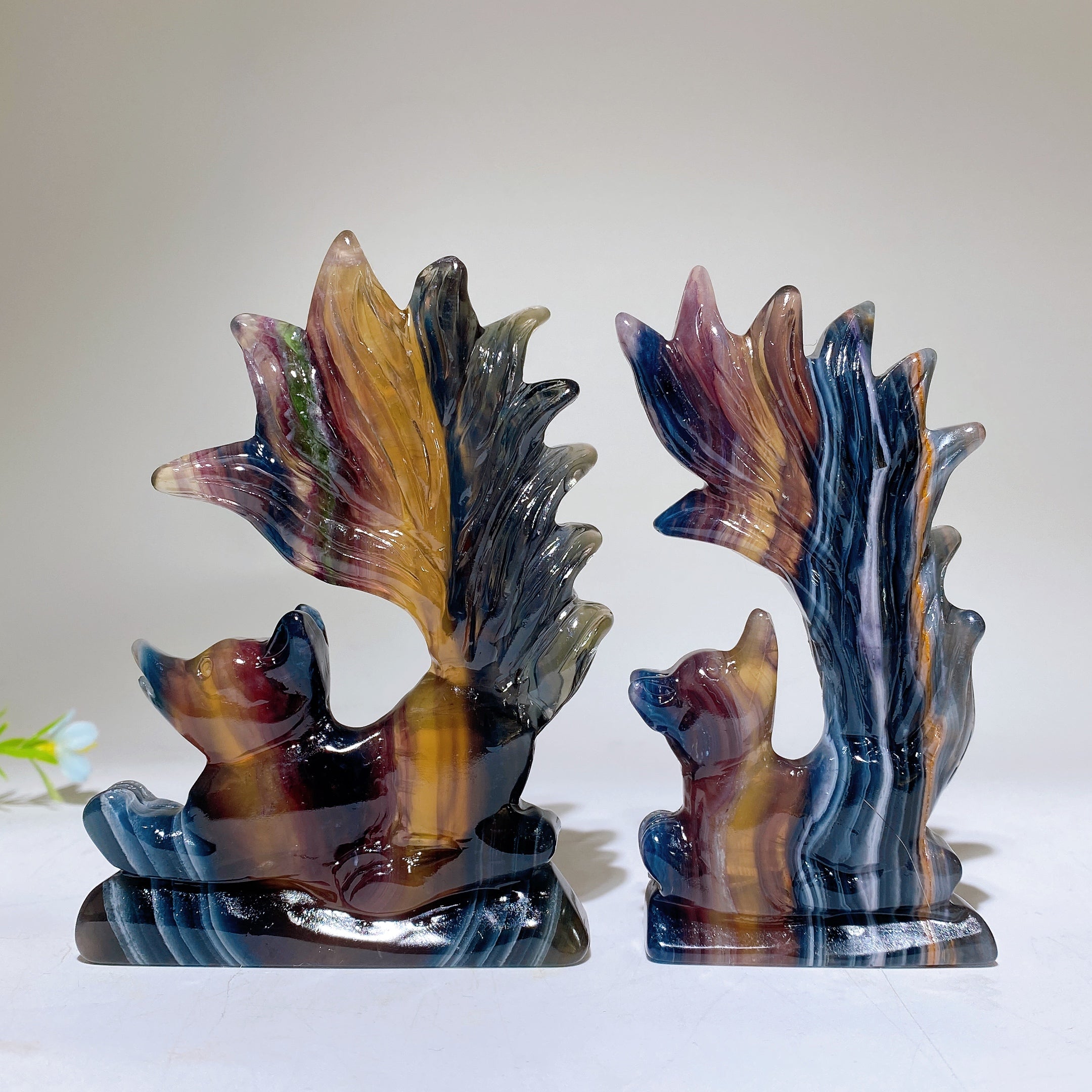 Rainbow Fluorite Crystal Fox Carving 3.2x4.5 Inch