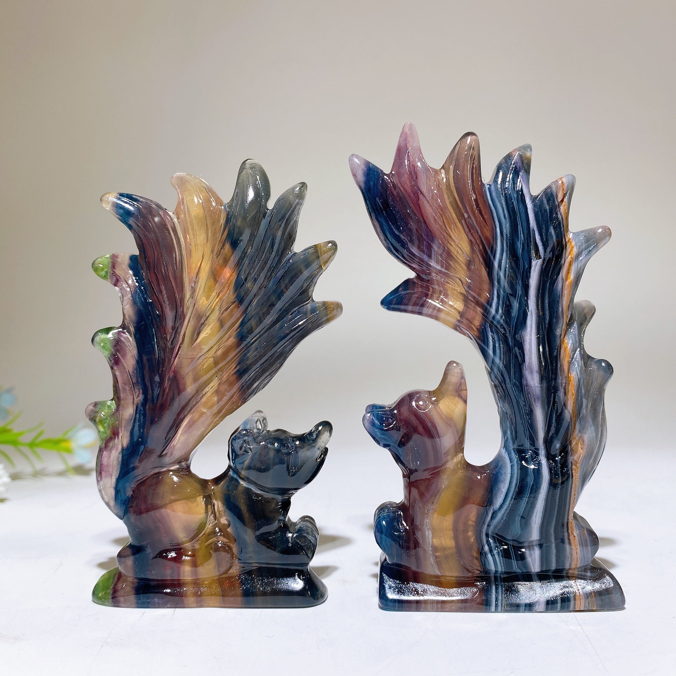 Rainbow Fluorite Crystal Fox Carving 3.2x4.5 Inch