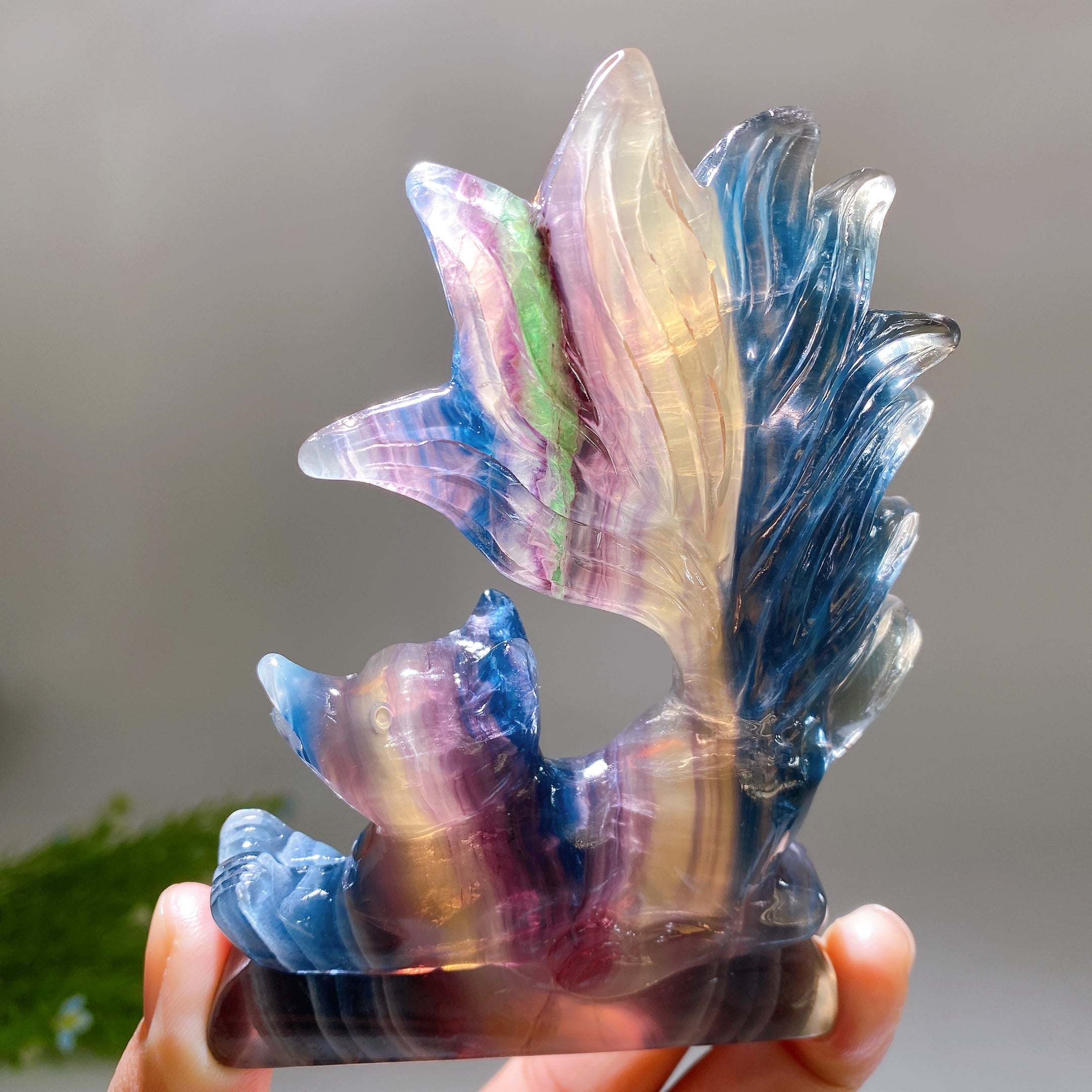 Rainbow Fluorite Crystal Fox Carving 3.2x4.5 Inch