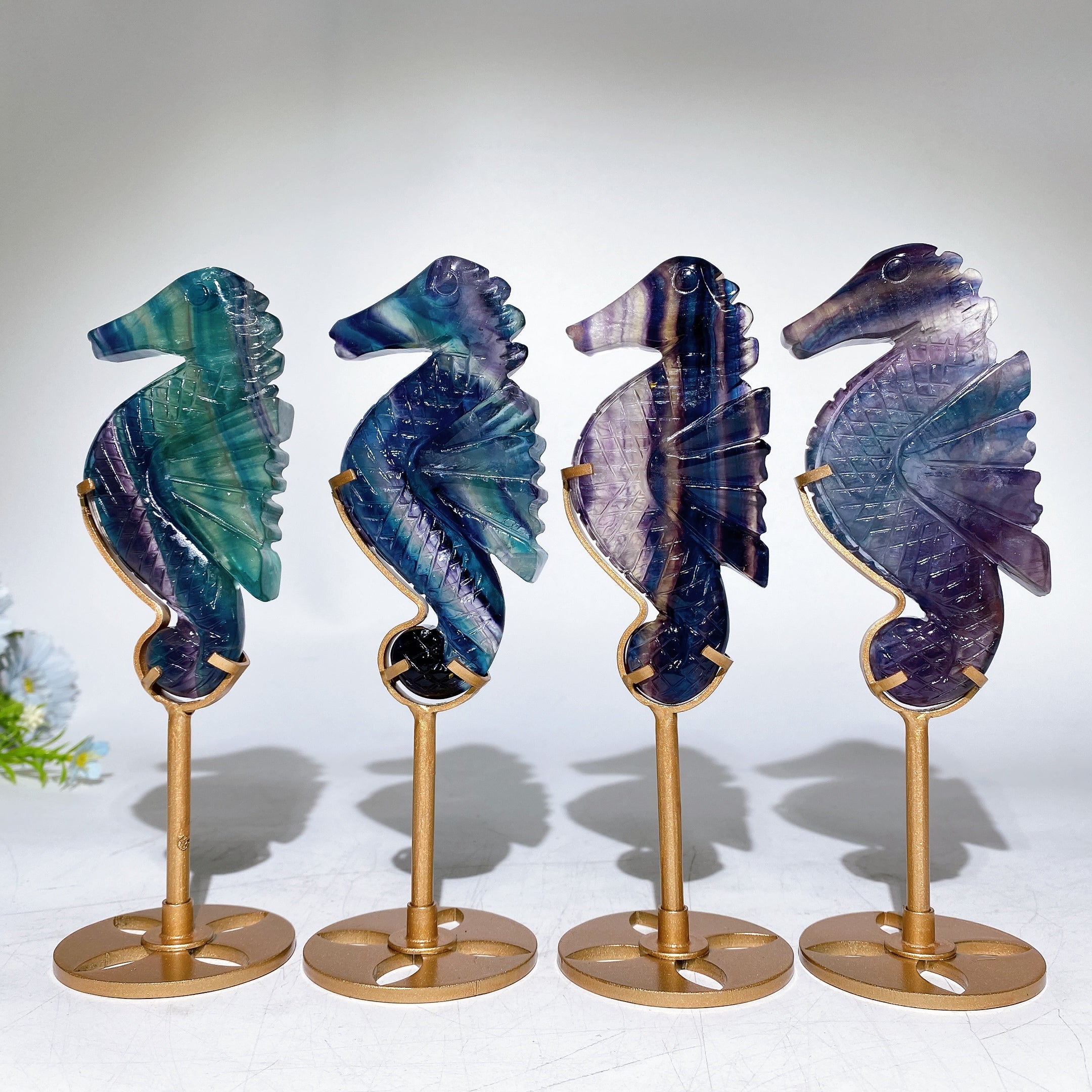 Rainbow Fluorite Seahorse Healing Crystal Carving Display