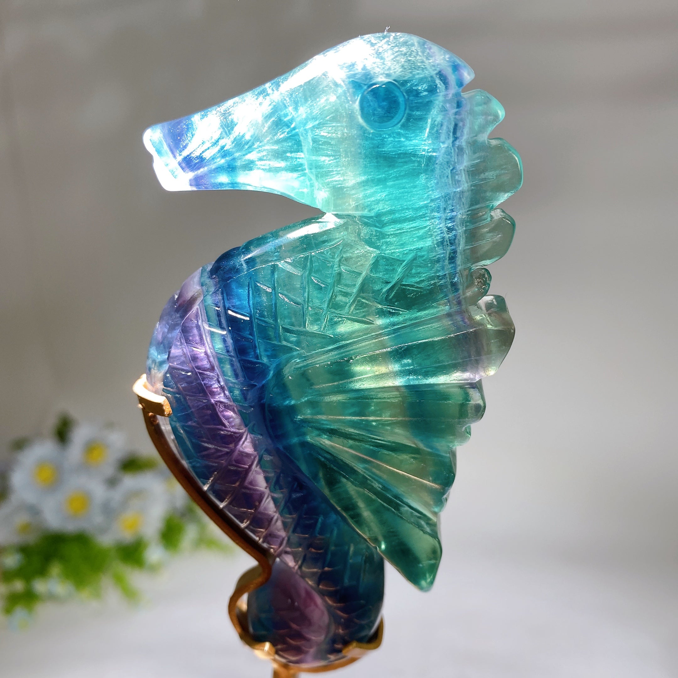 Rainbow Fluorite Seahorse Healing Crystal Carving Display