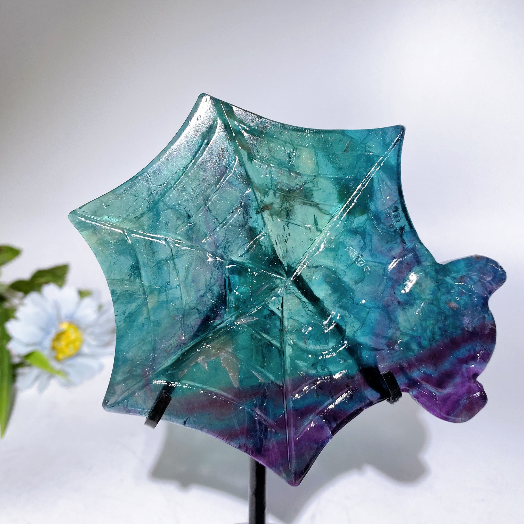 Rainbow Fluorite Spider Web Carving Crystal Figurine 10x12cm