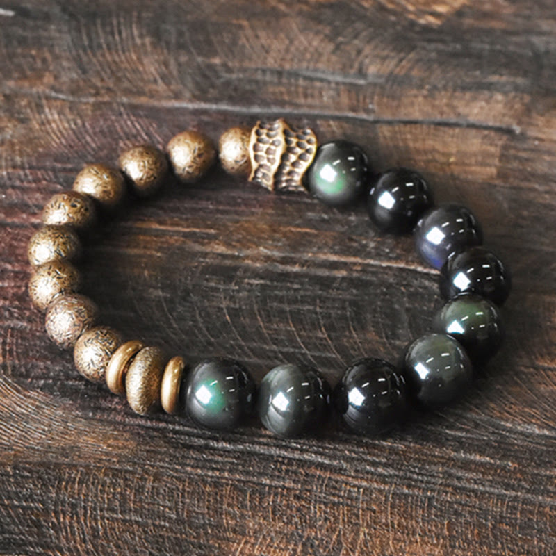 Bracelet de perles en cuivre et obsidienne arc-en-ciel pour une transformation positive