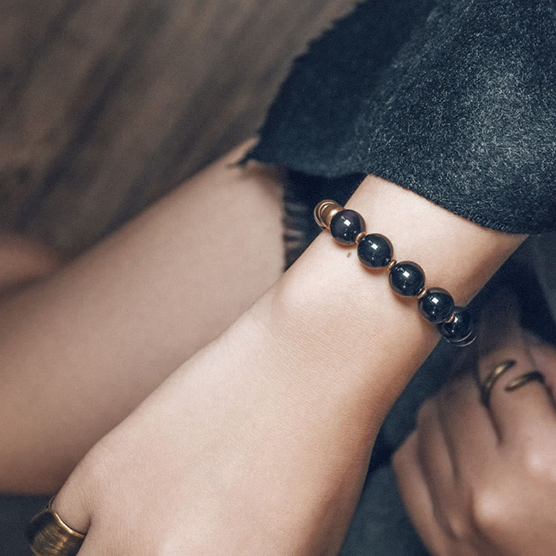 Bracelet de guérison en cuivre et obsidienne arc-en-ciel | Énergie de la pierre de lave