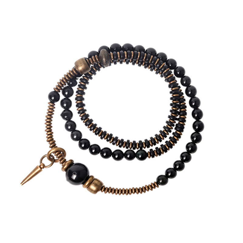 Bracelet de guérison triple tour en bois d'ébène et obsidienne arc-en-ciel