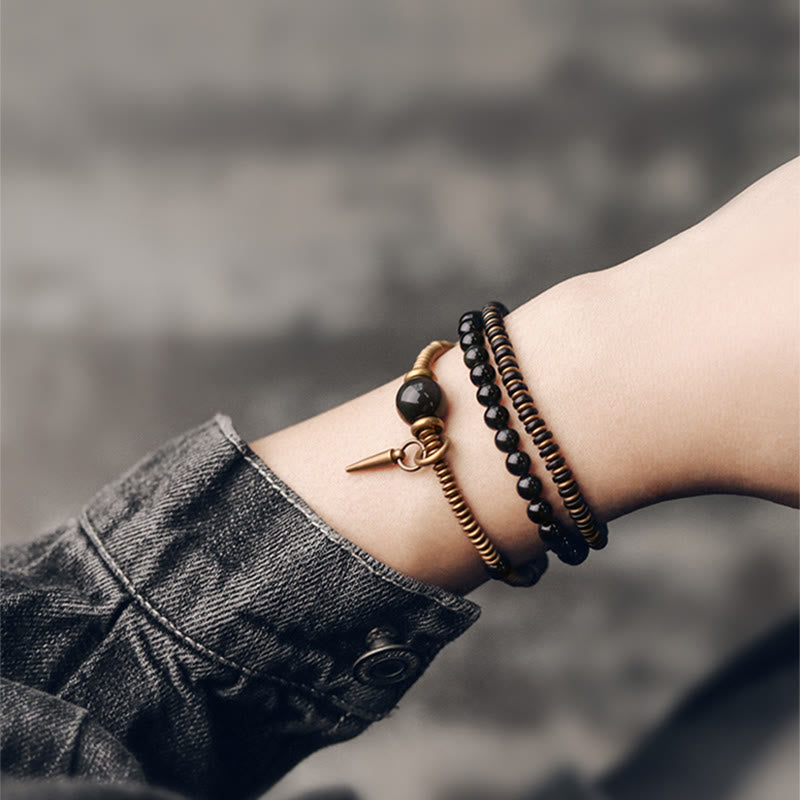 Bracelet de guérison triple tour en bois d'ébène et obsidienne arc-en-ciel