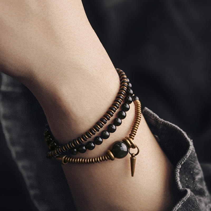 Bracelet de guérison triple tour en bois d'ébène et obsidienne arc-en-ciel