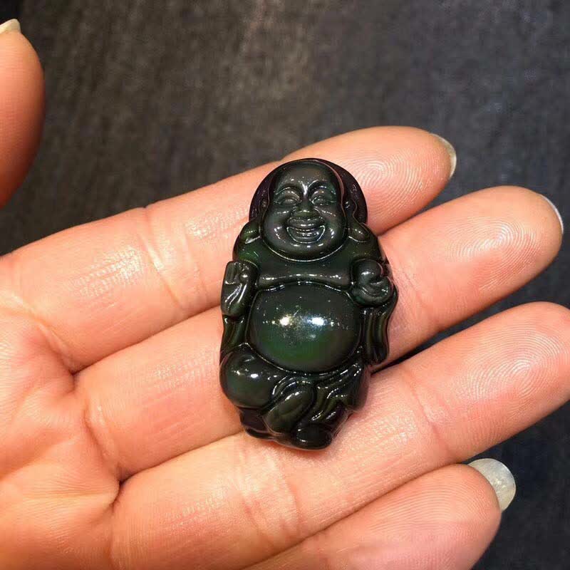 Pendentif Bouddha rieur en obsidienne arc-en-ciel pour la paix intérieure