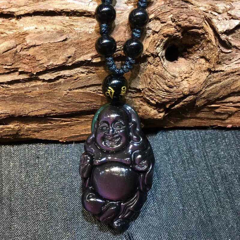 Pendentif Bouddha rieur en obsidienne arc-en-ciel pour la paix intérieure