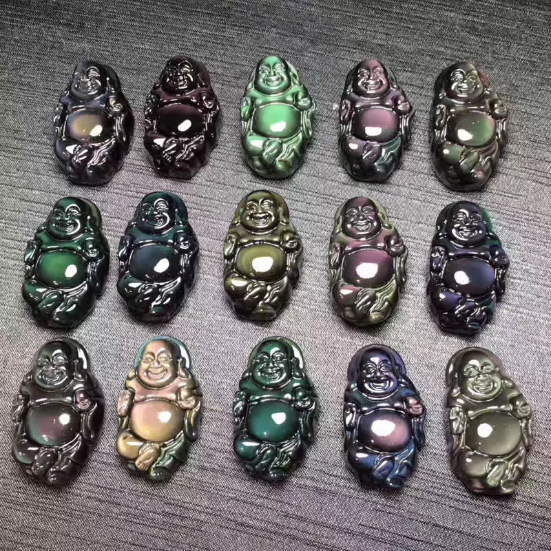 Pendentif Bouddha rieur en obsidienne arc-en-ciel pour la paix intérieure