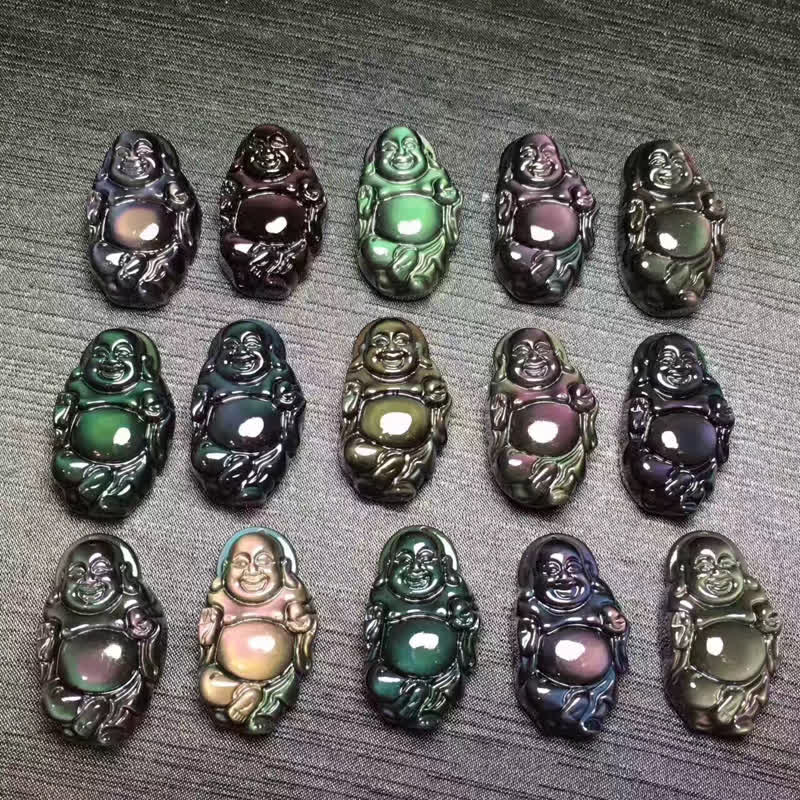 Pendentif Bouddha rieur en obsidienne arc-en-ciel pour la paix intérieure
